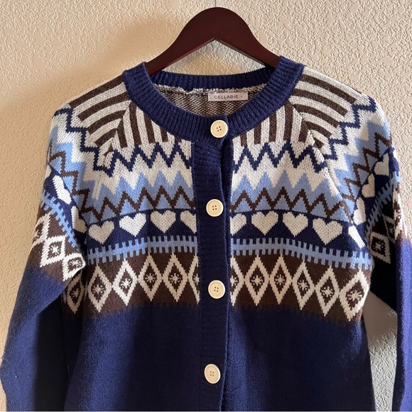Cellabie Fair Isle Blue Sweater Cardigan Size Large - Picture 3 of 9